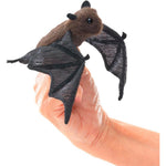 Folkmanis Mini Bat Finger Puppet front view showcasing soft brown fur and detailed face.