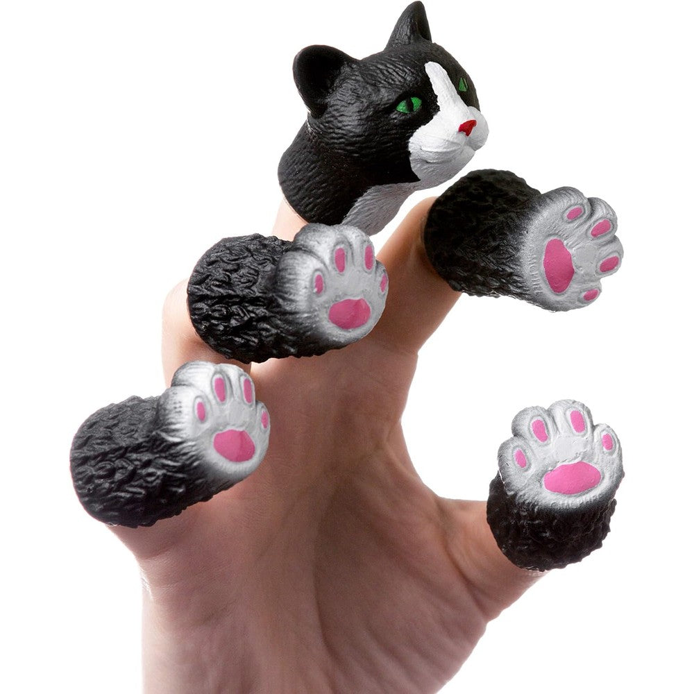 AQKILO Cat Finger Puppet Set front view showing the black cat head and four matching paws on human fingers.