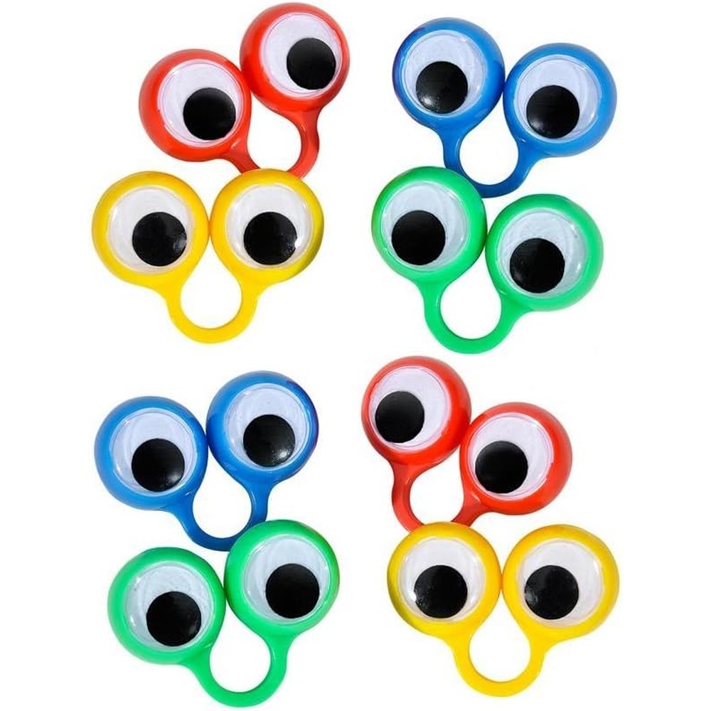 Rhode Island Novelty Large Eye Finger Puppets pack displaying colorful googly eyeball rings on fingers for kids storytelling