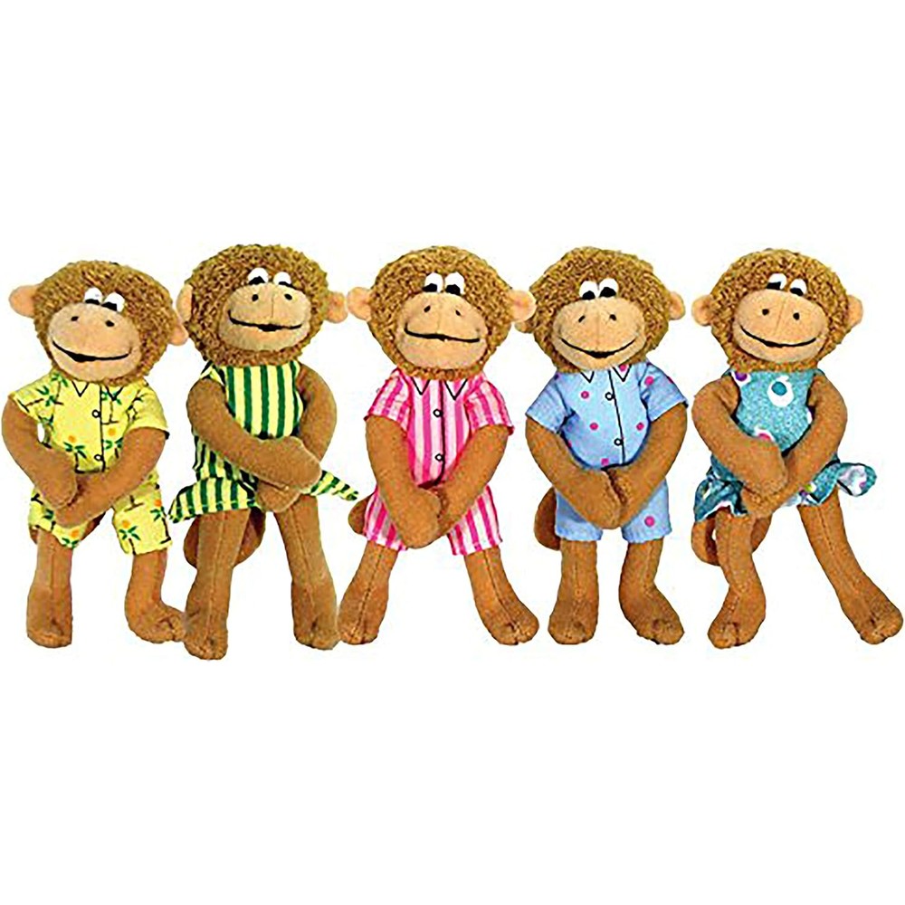 MerryMakers Five Little Monkeys Finger Puppet Playset front view showcasing five colorful monkey characters in pajamas.