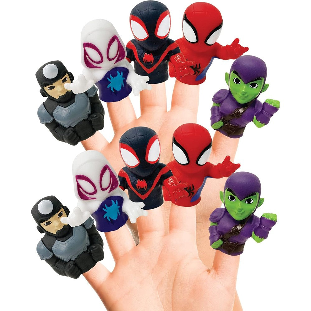 Ginsey Spidey and His Amazing Friends finger puppet set front view showcasing all ten superhero and villain characters.