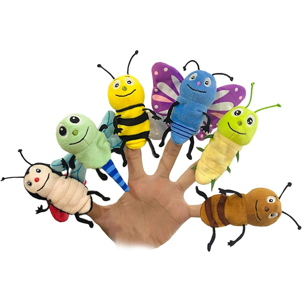 JUSTQUNSEEN insect finger puppet set showcasing six colorful plush bug characters on fingers.