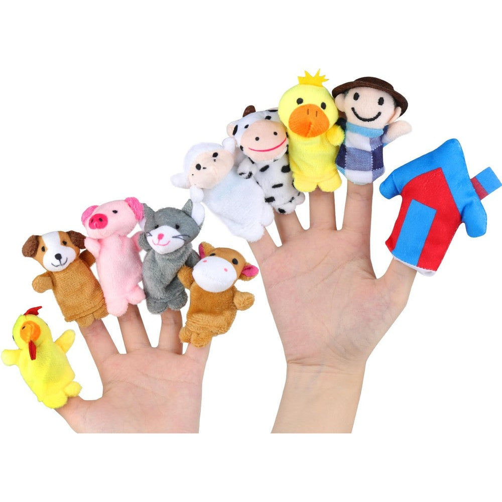 RIY 10 Piece Story Time Finger Puppets front view showcasing assorted plush farm characters for educational storytelling.