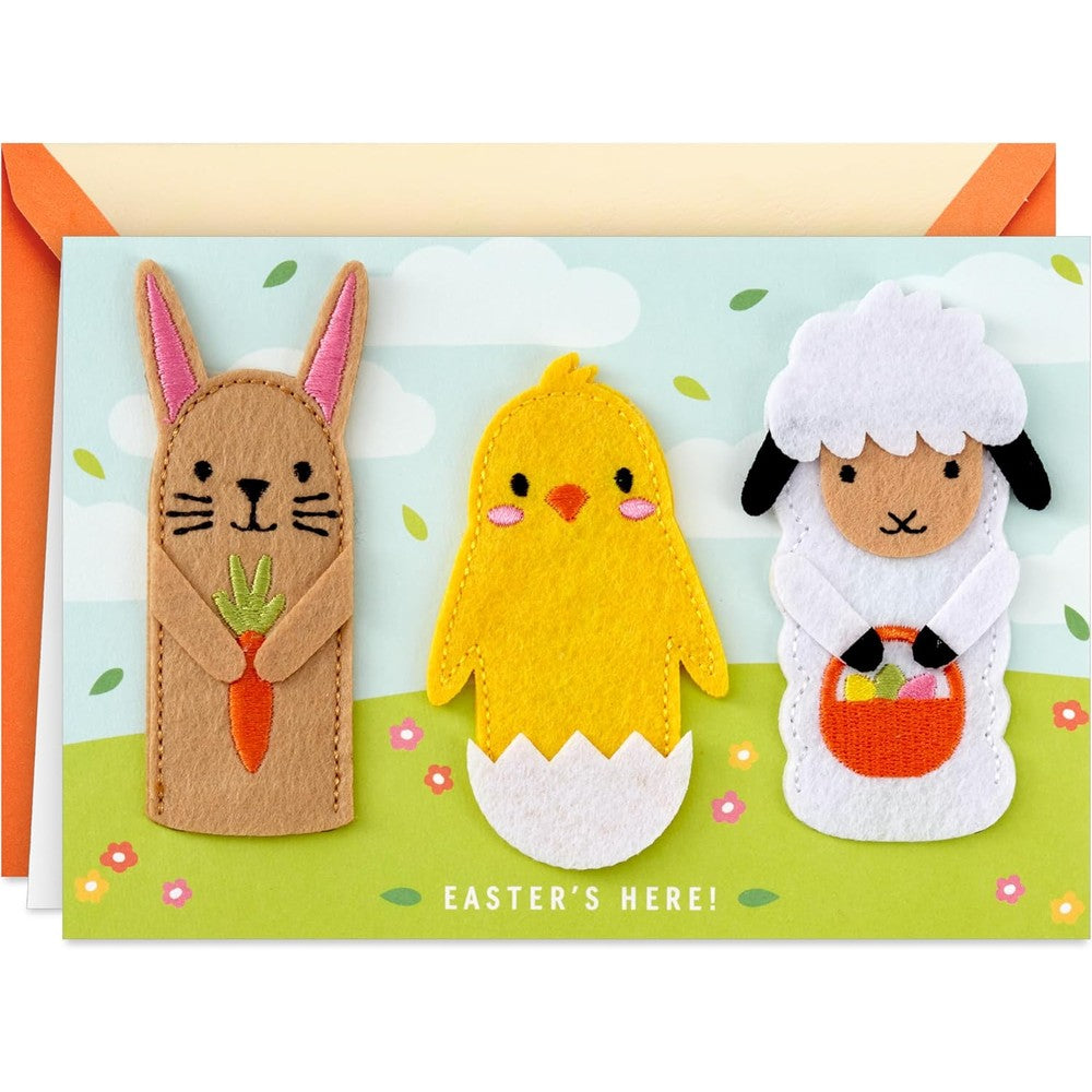 Hallmark Signature Easter Card with front view showing bunny chick and lamb felt finger puppets