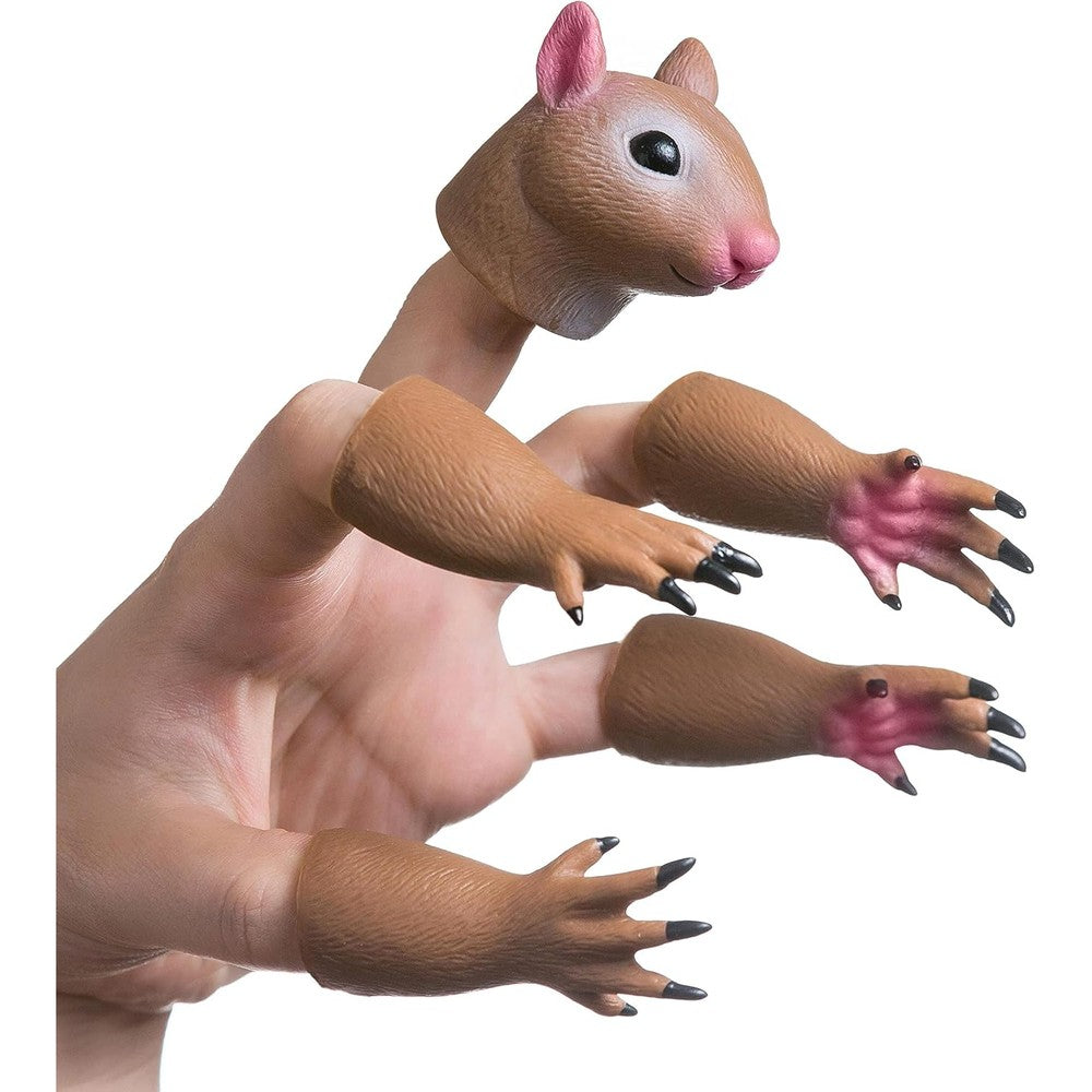 AQKILO squirrel finger puppet set front view showcasing the detailed vinyl head and four paw pieces.