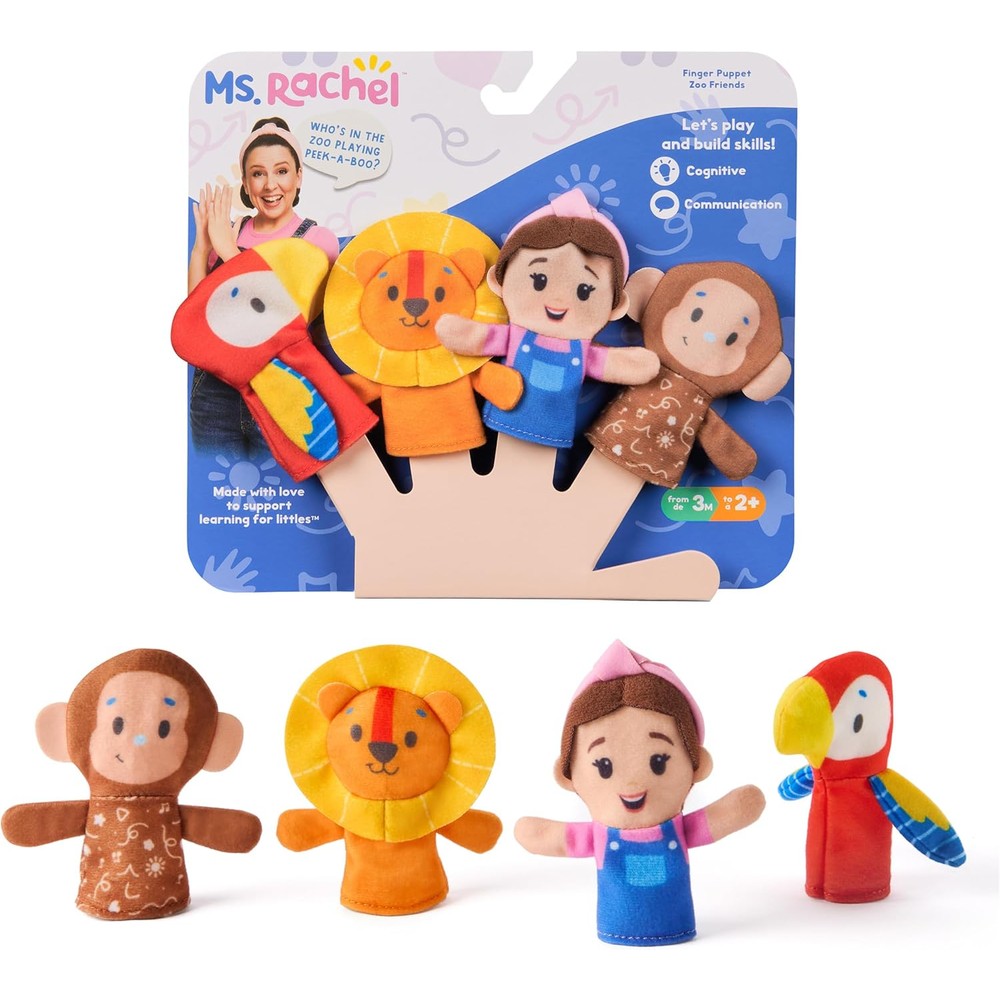 Ms. Rachel Finger Puppets Zoo Friends 4-Pack front view showing four character puppets.