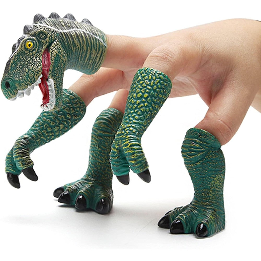 AQKILO dinosaur finger puppet front view featuring cyan Tyrannosaurus head and feet on fingers.