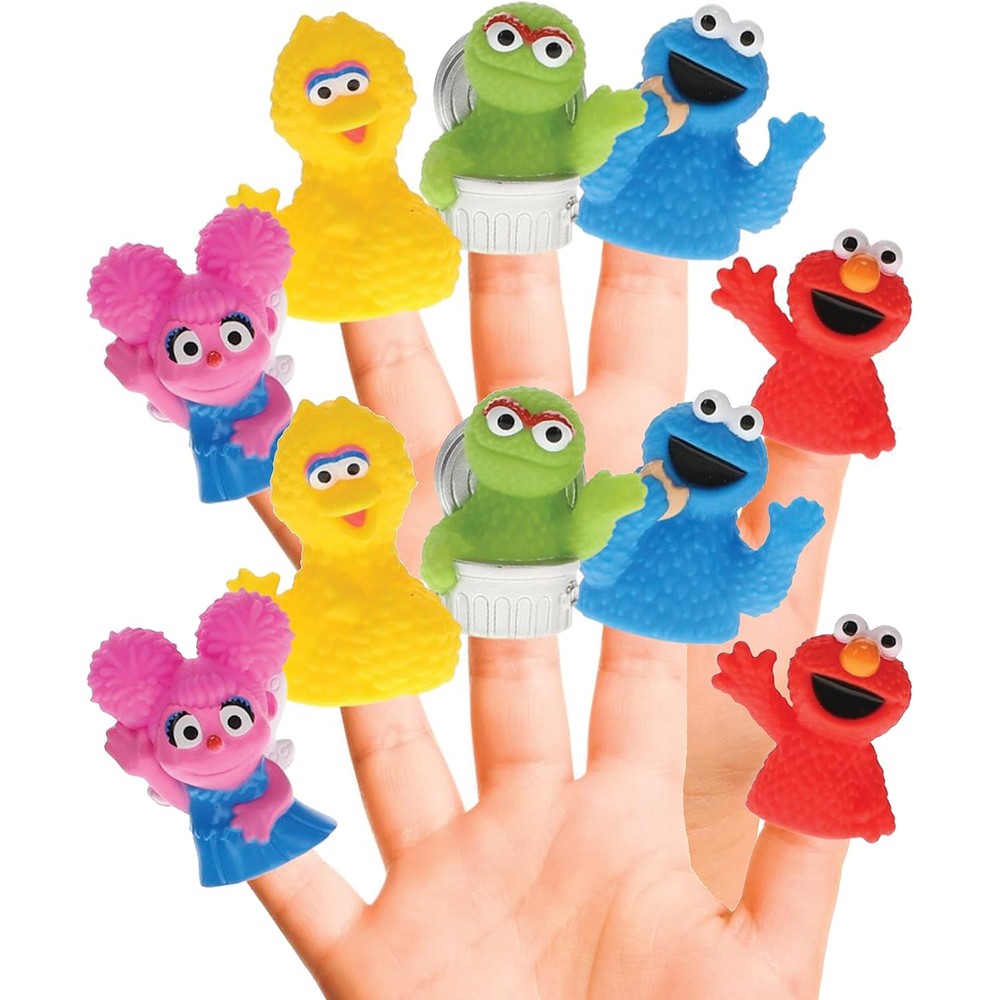 Sesame Street 10 Piece Bath Finger Puppet Set front view showcasing Elmo and Cookie Monster toys