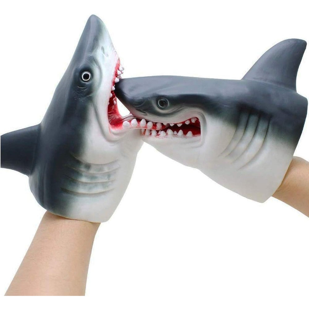 Gemini and Genius shark hand puppets front view for kids