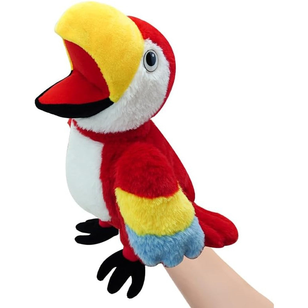 Okegztoa parrot hand puppet front view red plush toy