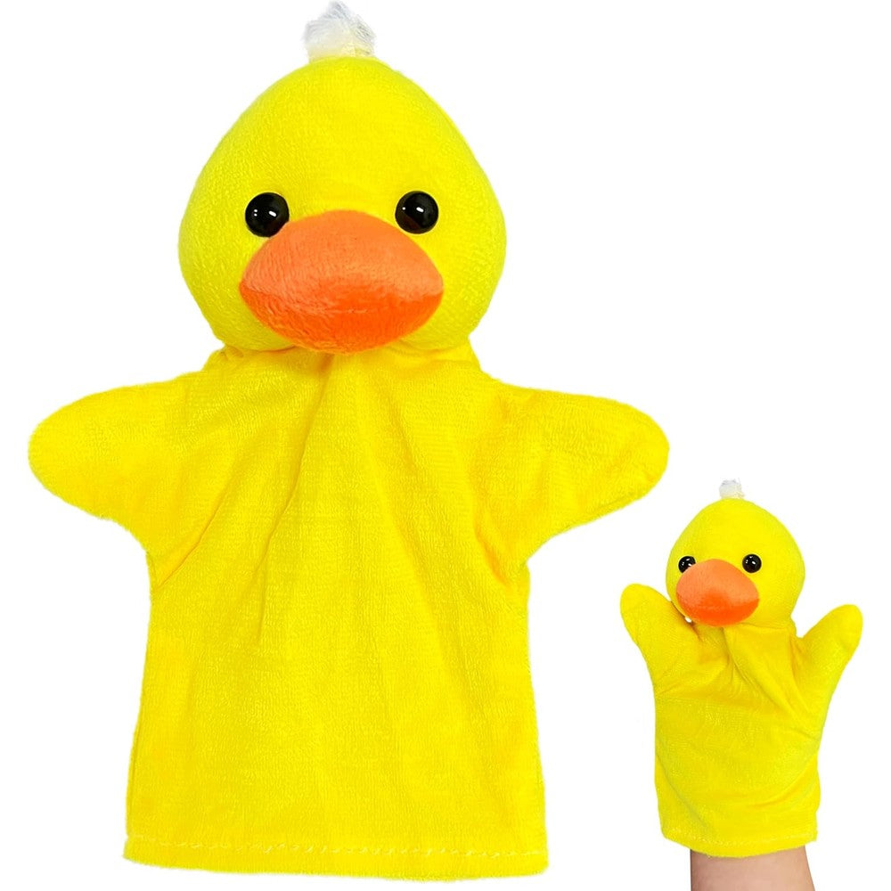 Kawaite duck hand puppet front view showing orange beak and soft yellow plush.