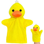 Kawaite duck hand puppet front view showing orange beak and soft yellow plush.