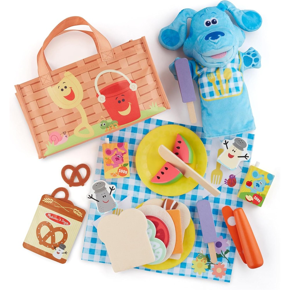 Melissa And Doug Blue’s Clues And You Share With Blue Picnic Play Set With Hand Puppet 36 Piece Wooden Food Kit For Toddlers Ages 3 And Up - Image 1