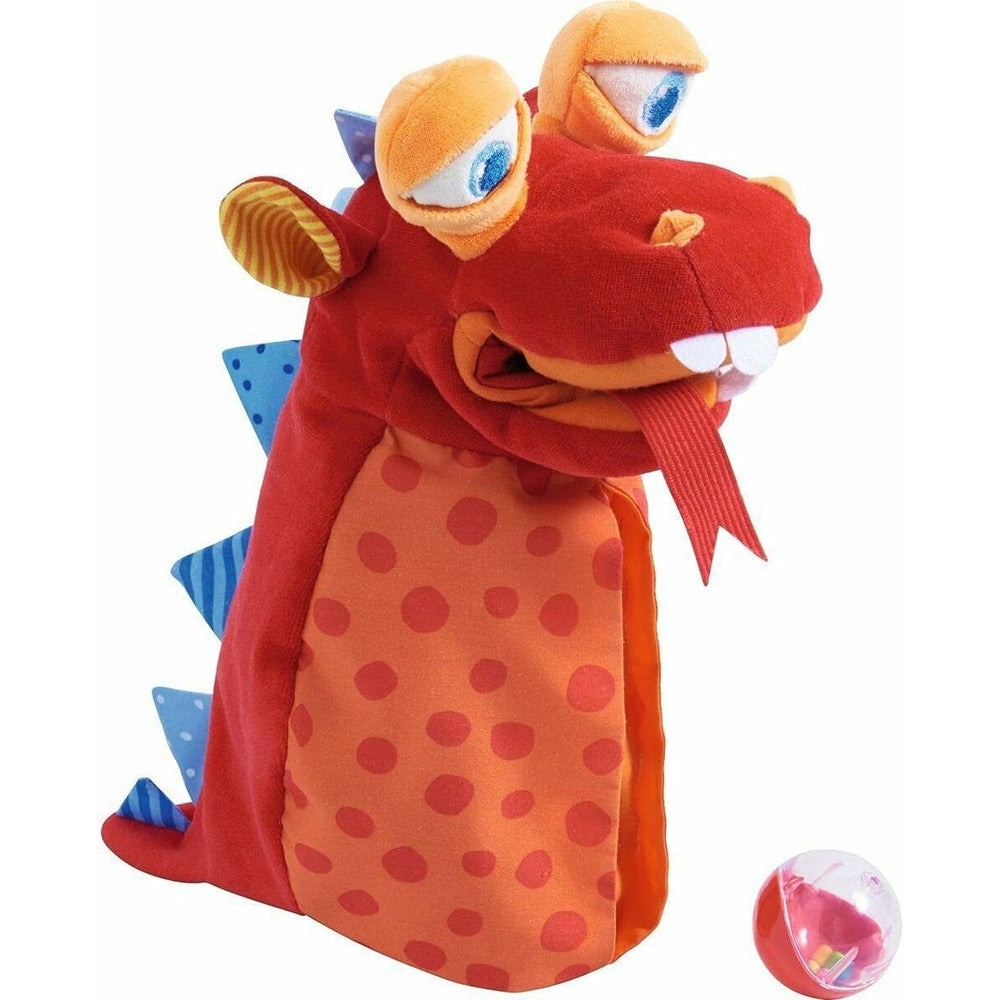 HABA Glove Puppet Eat It Up Dragon plush hand puppet front view showing colorful horns and wide open mouth.