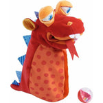 HABA Glove Puppet Eat It Up Dragon plush hand puppet front view showing colorful horns and wide open mouth.