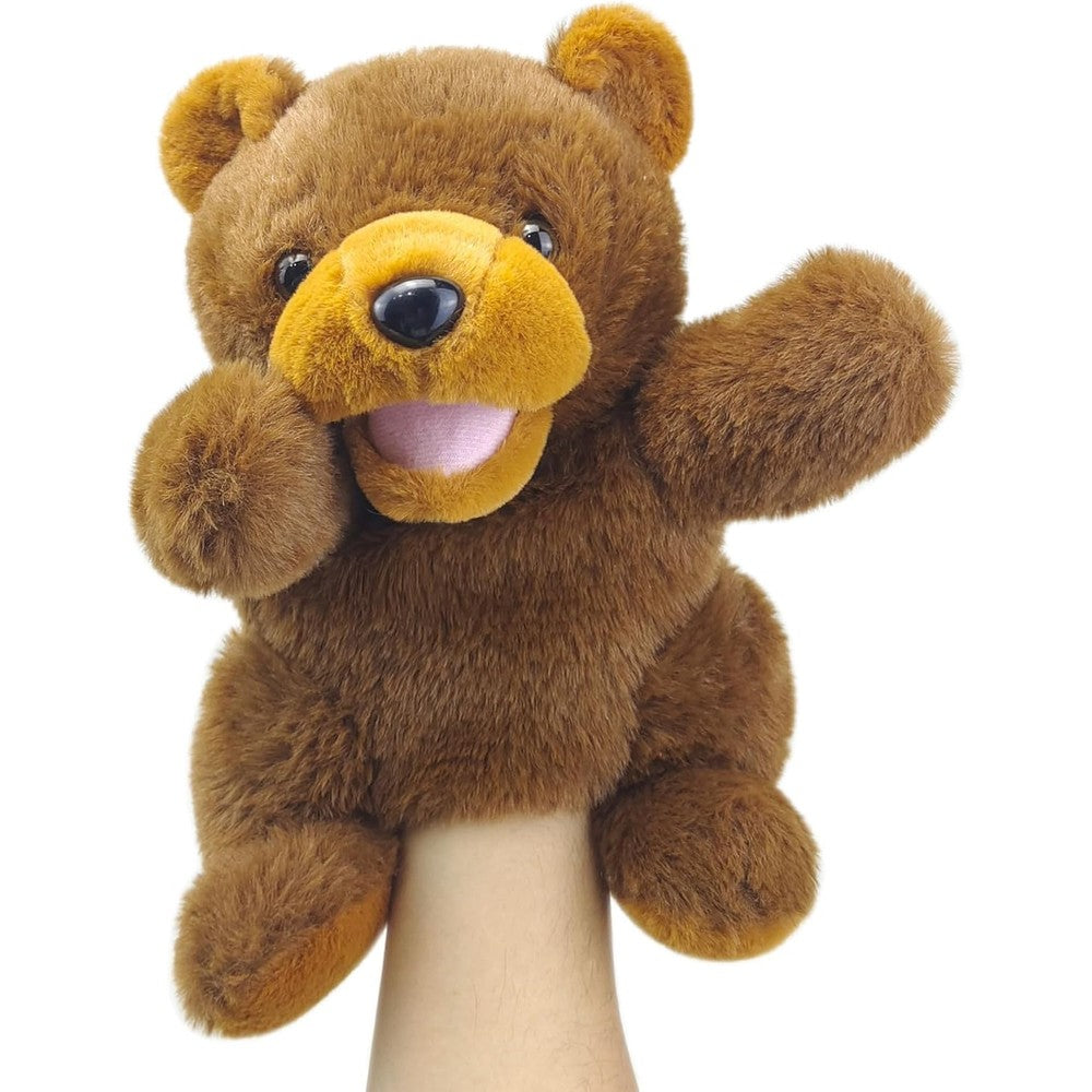 Okegztoa bear hand puppet front view showing realistic plush design