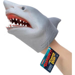 Schylling Shark Hand Puppet front view showing realistic teeth and skin texture.