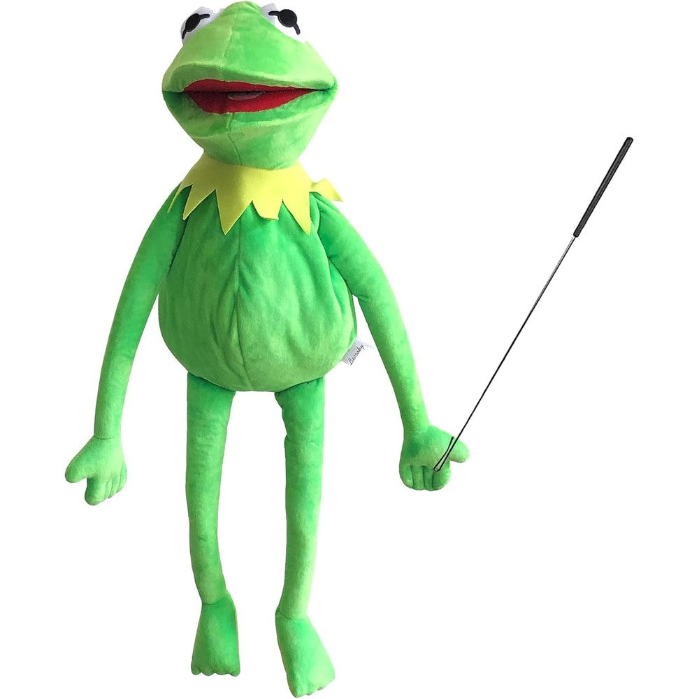 Lacroky Kermit Frog Puppet with control rod and stickers front view