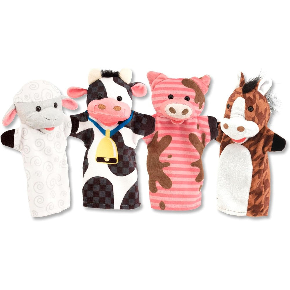 Melissa & Doug Farm Friends Hand Puppets set featuring cow, horse, sheep, and pig.