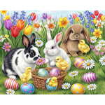 Springbok Three Easter Bunnies 500 Piece Jigsaw Puzzle packaging box front view showcasing vibrant rabbit and floral artwork.