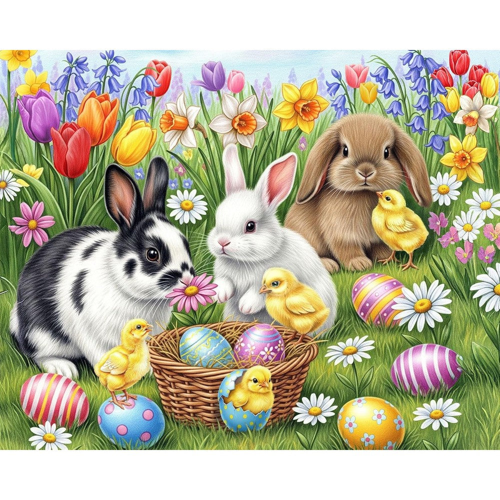 Springbok Three Easter Bunnies 500 Piece Jigsaw Puzzle packaging box front view showcasing vibrant rabbit and floral artwork.