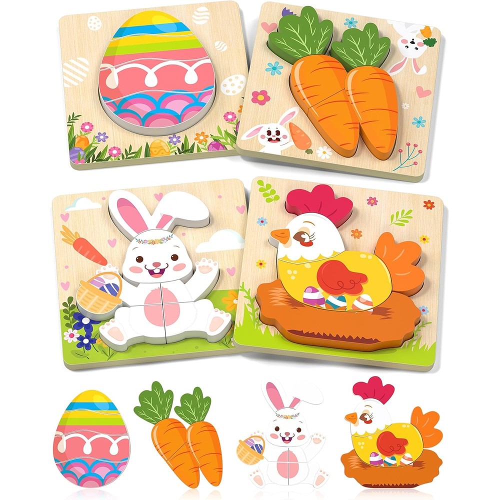 Oomloid Easter wooden puzzles 4 pack front view showcasing bunny chick egg and carrot designs