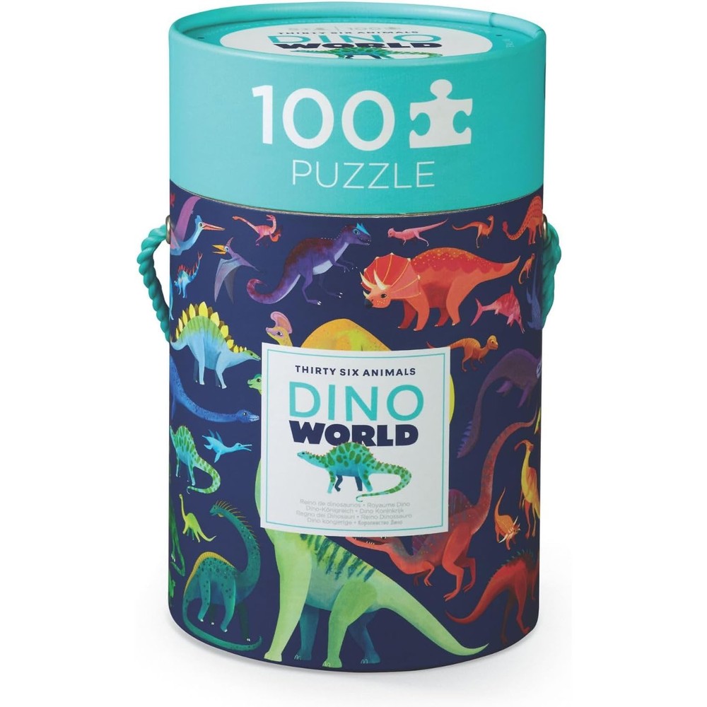Crocodile Creek Dino World 100 Piece Jigsaw Puzzle front view showcasing the durable storage canister with rope handle.