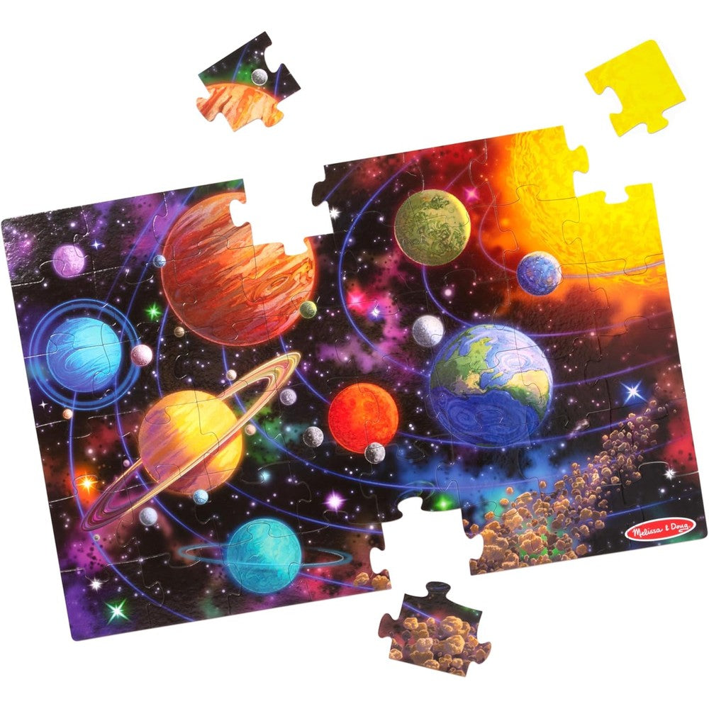 Melissa And Doug Solar System Jumbo Floor Puzzle front view showing assembled forty-eight piece space scene.