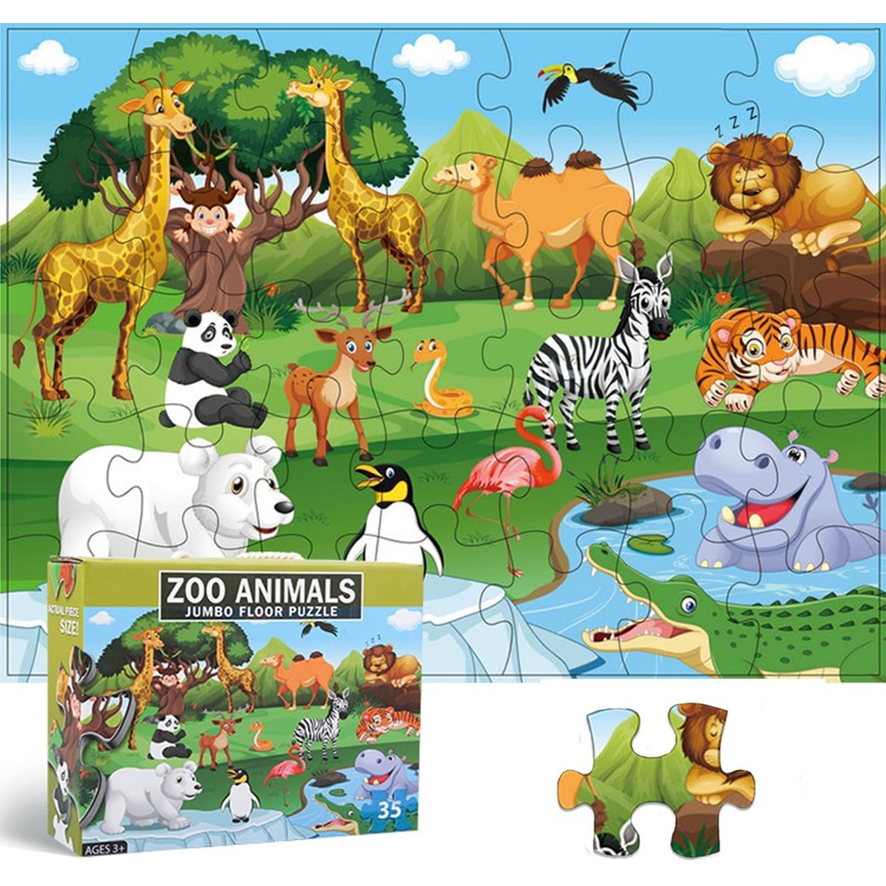 Paperstory Giant Floor Puzzle Grassland Animal front view showing completed thirty five piece layout