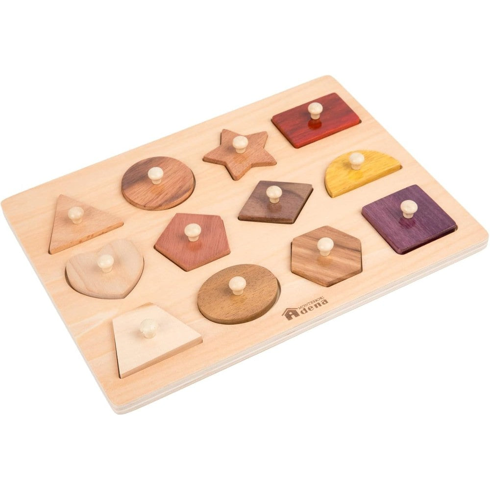Adena Montessori wooden puzzle front view showing twelve geometric shapes with premium knobs