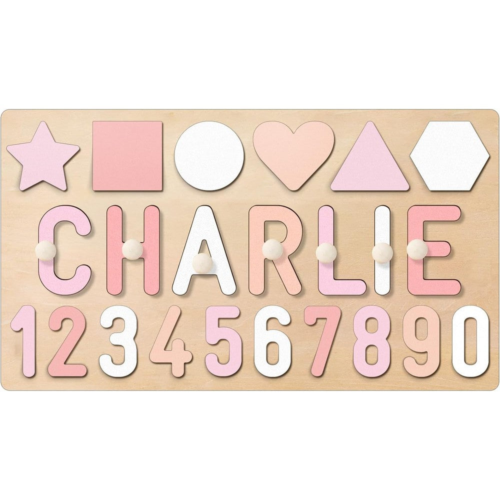 EOBIBIFUN personalized wooden name puzzle front view displaying custom colorful pastel letters and geometric shapes.