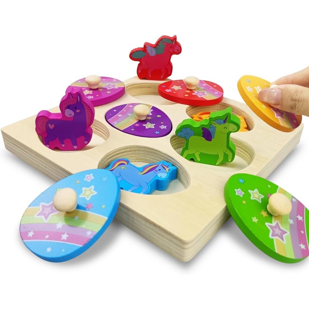 Pinkiwine unicorn wooden peg puzzles front view showing rainbow eggs with knobs.