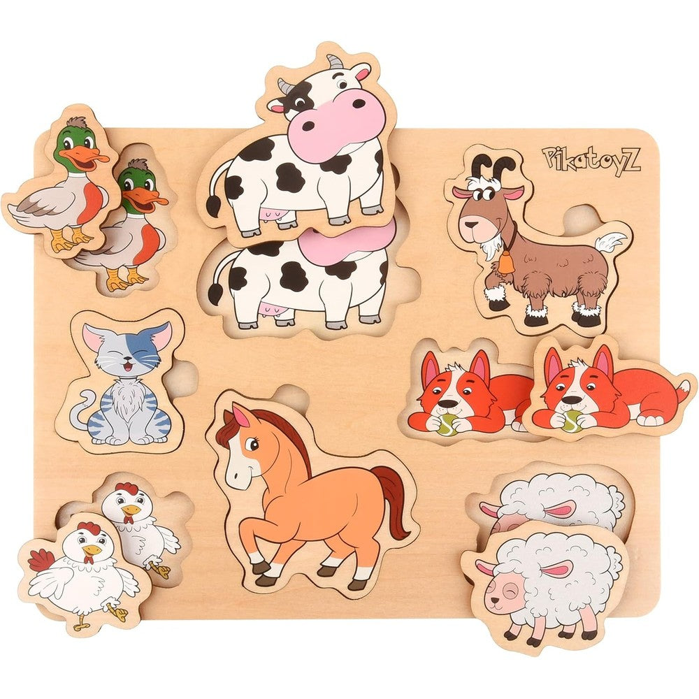 Pikatoyz wooden puzzles for toddlers front view showcasing the farm animal board