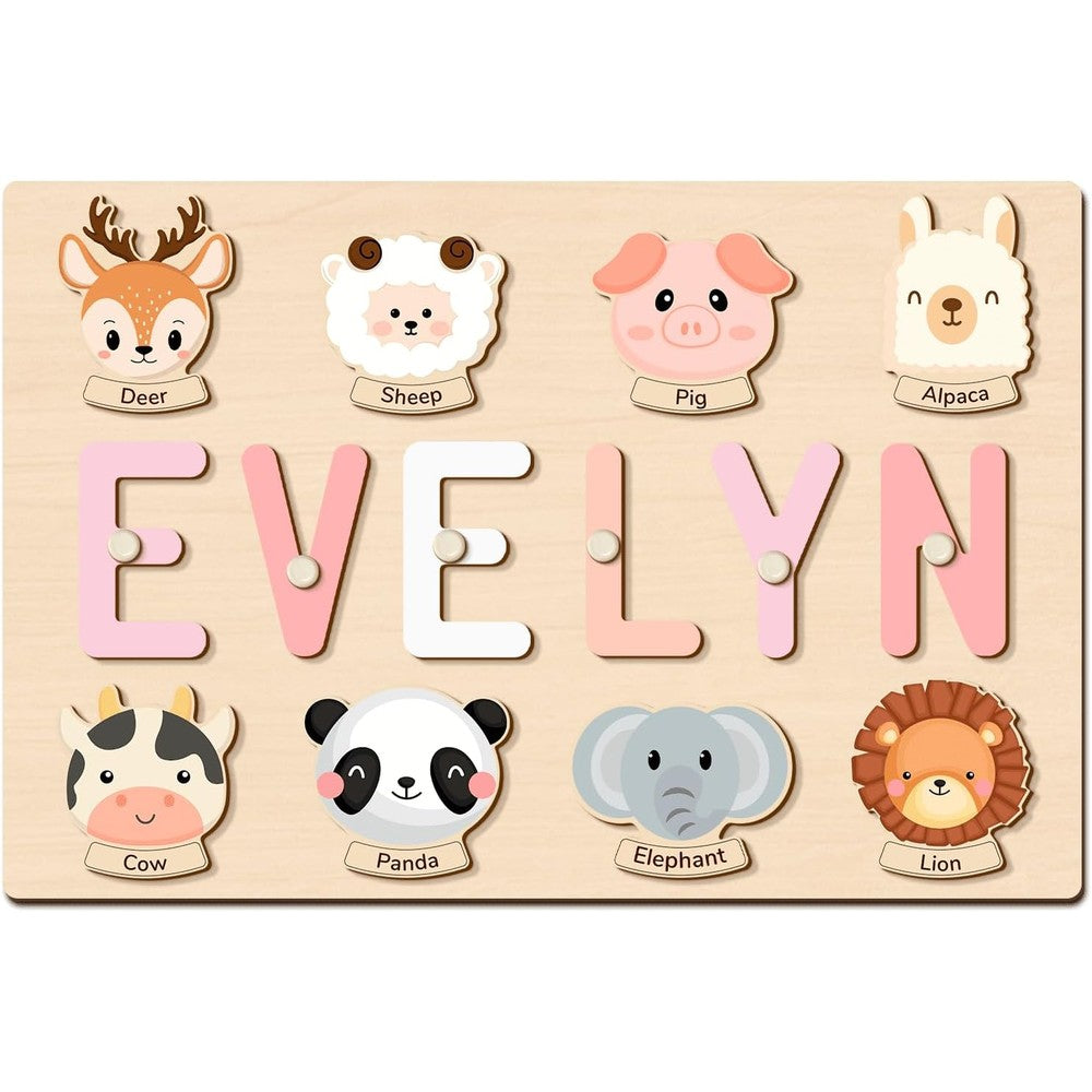 Aurlova personalized name puzzle front view showing custom wooden letters and animal pegs.