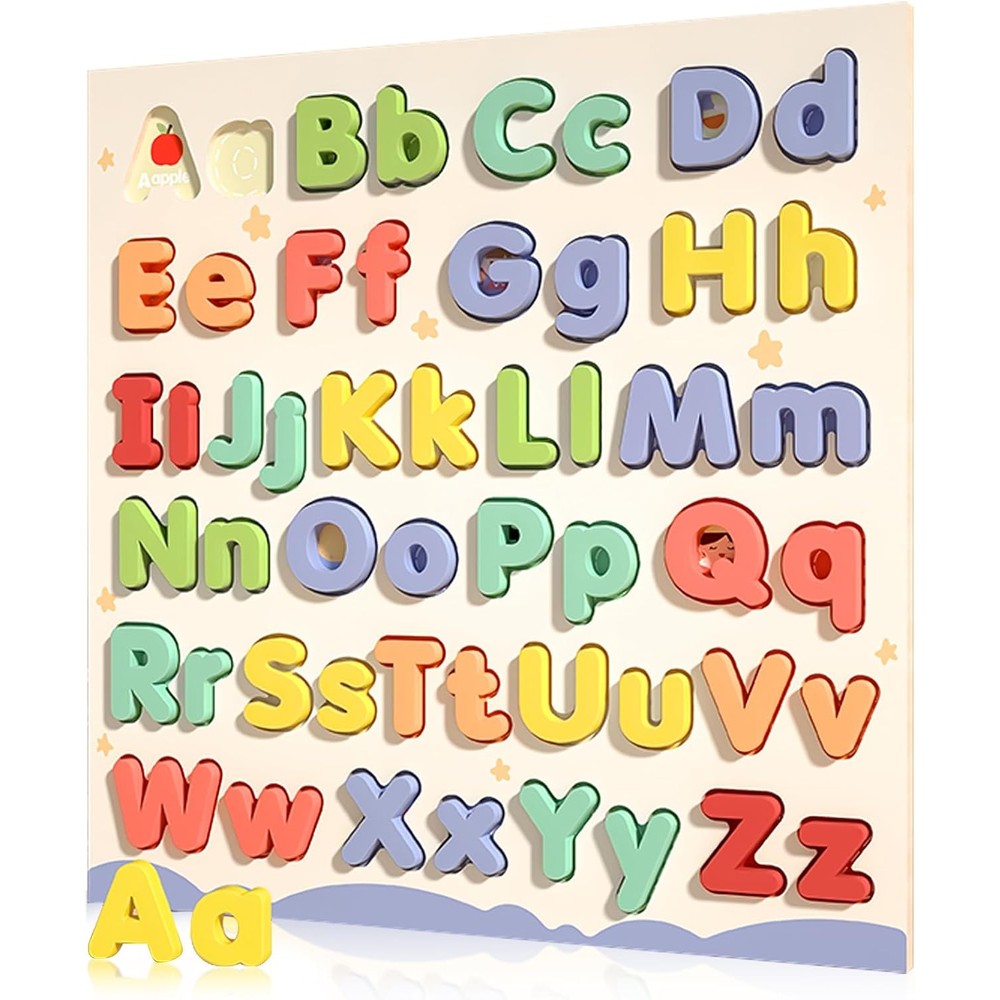 CHHQLZS wooden alphabet puzzle front view showing colorful uppercase and lowercase blocks