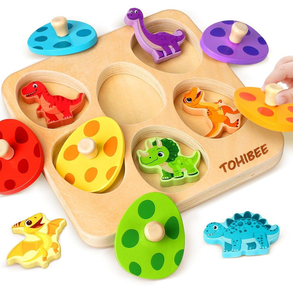QODOFLR Easter Wooden Dinosaur Egg Puzzle front view of the complete matching board setup.