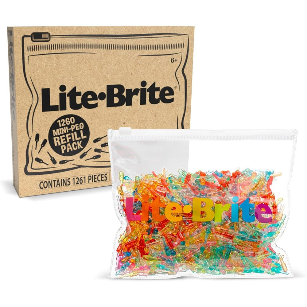 Lite Brite High Definition Grid Mini Peg Refill Set front view of resealable packaging showing multi color pieces.
