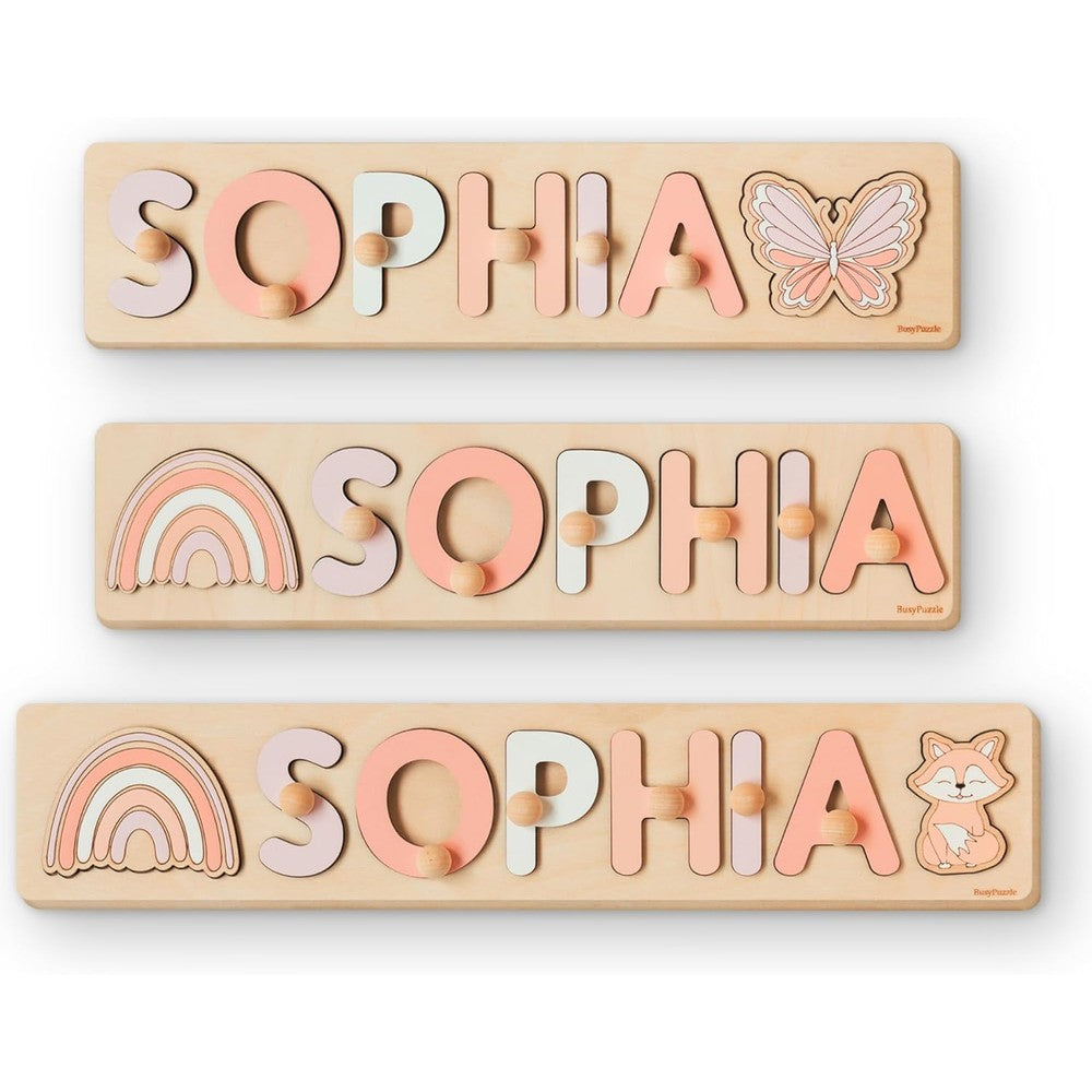Busy Puzzle Personalized Wooden Name Puzzle front view showing custom colorful letters with grasping pegs.