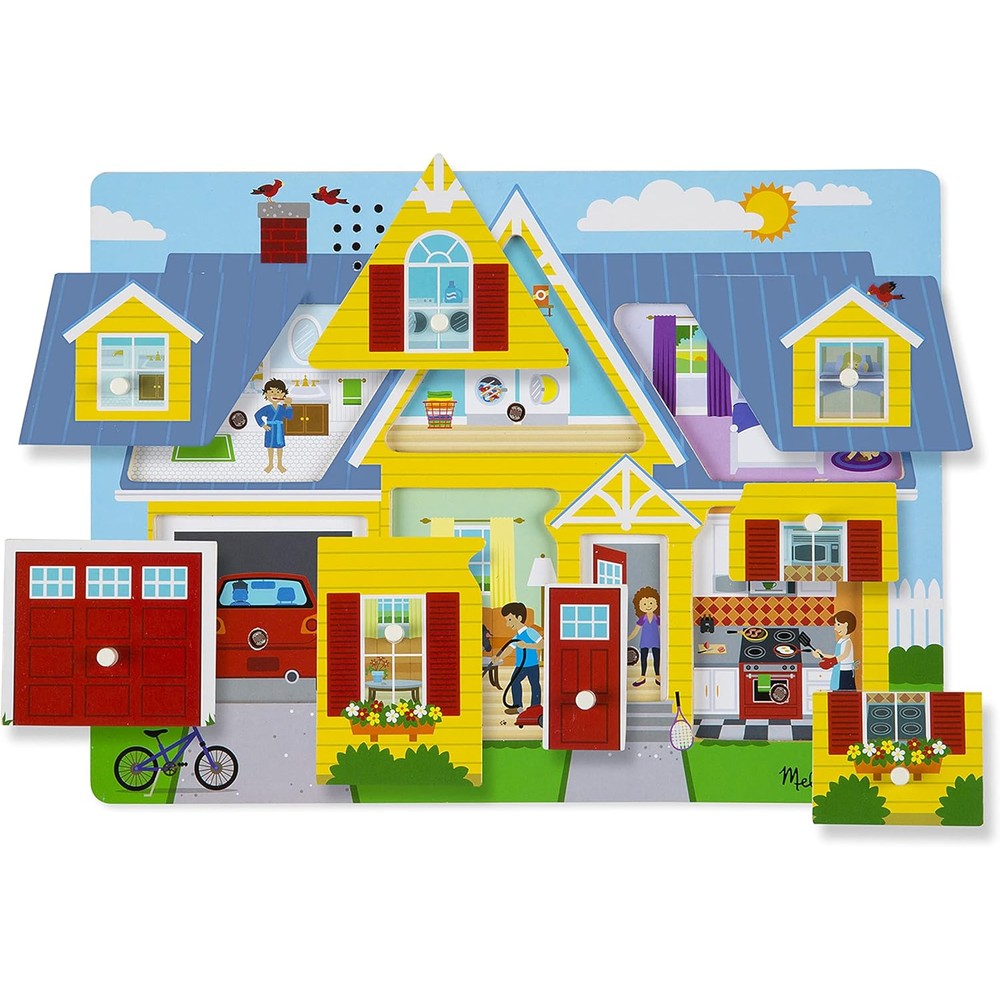 Melissa and Doug Around The House Sound Puzzle front view with wooden pieces