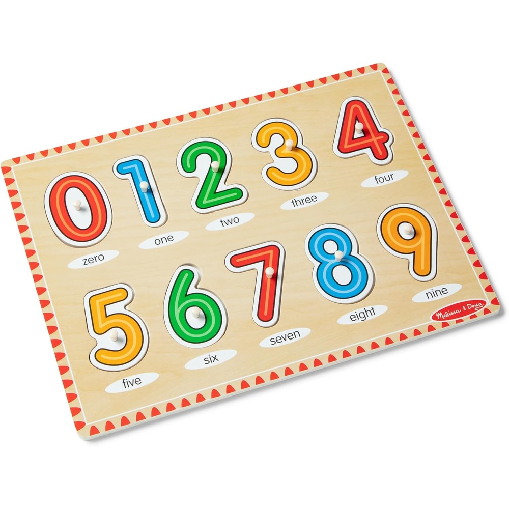 Melissa And Doug Lift And See Numbers Wooden Peg Puzzle front view showing ten colorful pieces for early math learning.
