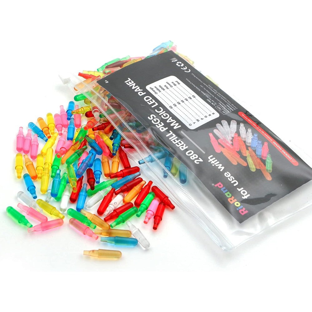 RioRand Refill Pegs 280 piece pack front view showcasing bright multicolor light-up drawing board accessories.