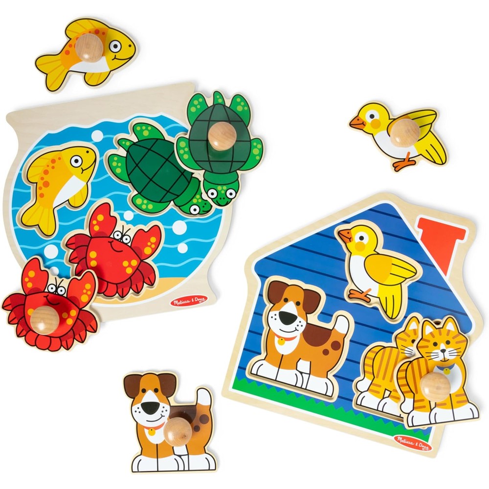 Melissa & Doug Wooden Jumbo Peg Puzzle 2-Pack front view showcasing House Pets and Fish Bowl boards