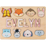 OELTTG Purefly customized wooden name puzzle front view featuring pastel letters and smooth animal shapes for toddler learning.