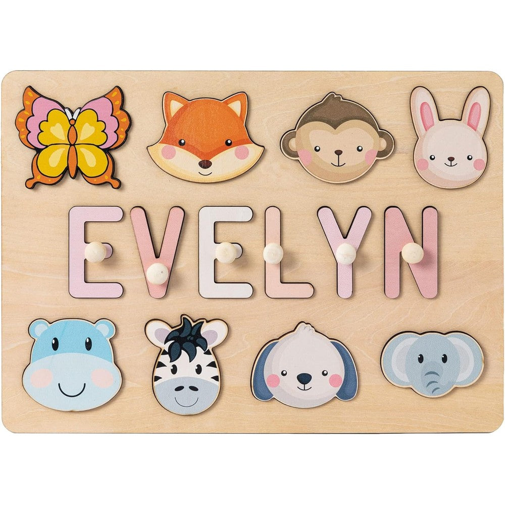 OELTTG Purefly customized wooden name puzzle front view featuring pastel letters and smooth animal shapes for toddler learning.