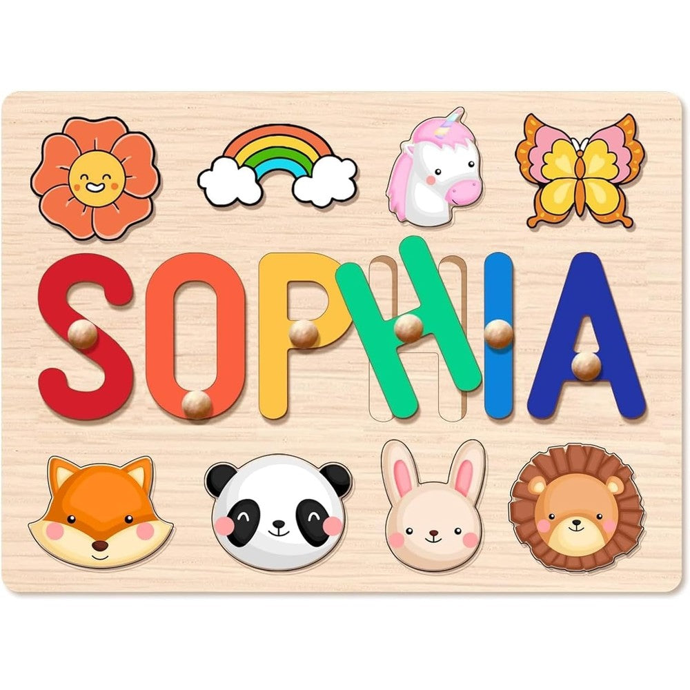 Baosity personalized wooden name puzzle front view featuring custom name and animal shapes