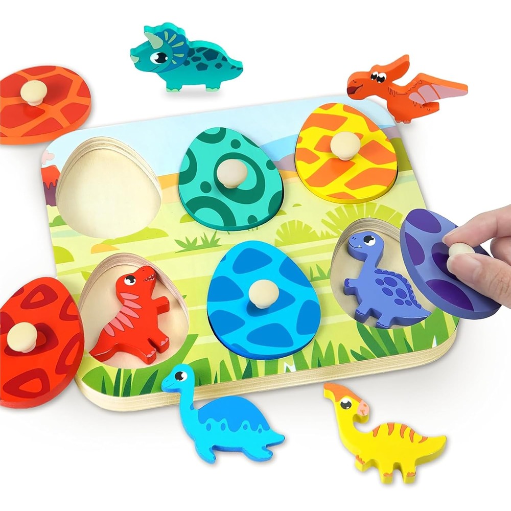 CHESLICR dinosaur wooden peg puzzle front view showing matching egg pieces