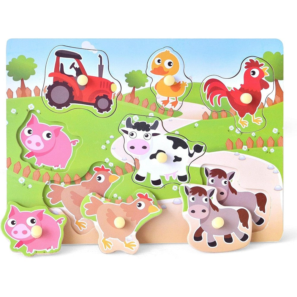 Z MAYABBO Wooden Puzzles Farm Chunky Baby Puzzles Peg Board showing seven animal pieces with jumbo knobs.