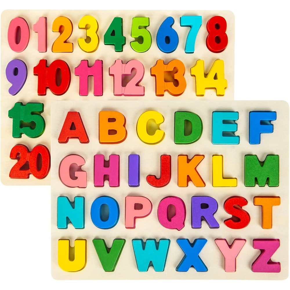 Attmu wooden puzzles for toddlers front view showing colorful alphabet and number boards