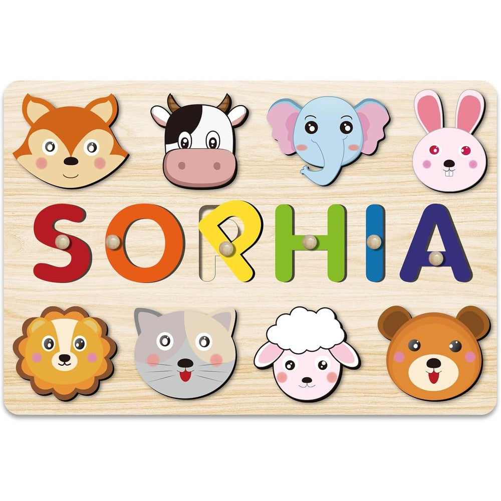 OELTTG personalized wooden name puzzle front view featuring colorful custom letters and built-in pegs for toddlers.