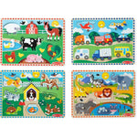 Melissa And Doug Wooden Peg Puzzle Set four pack front view showing Farm and Vehicles boards